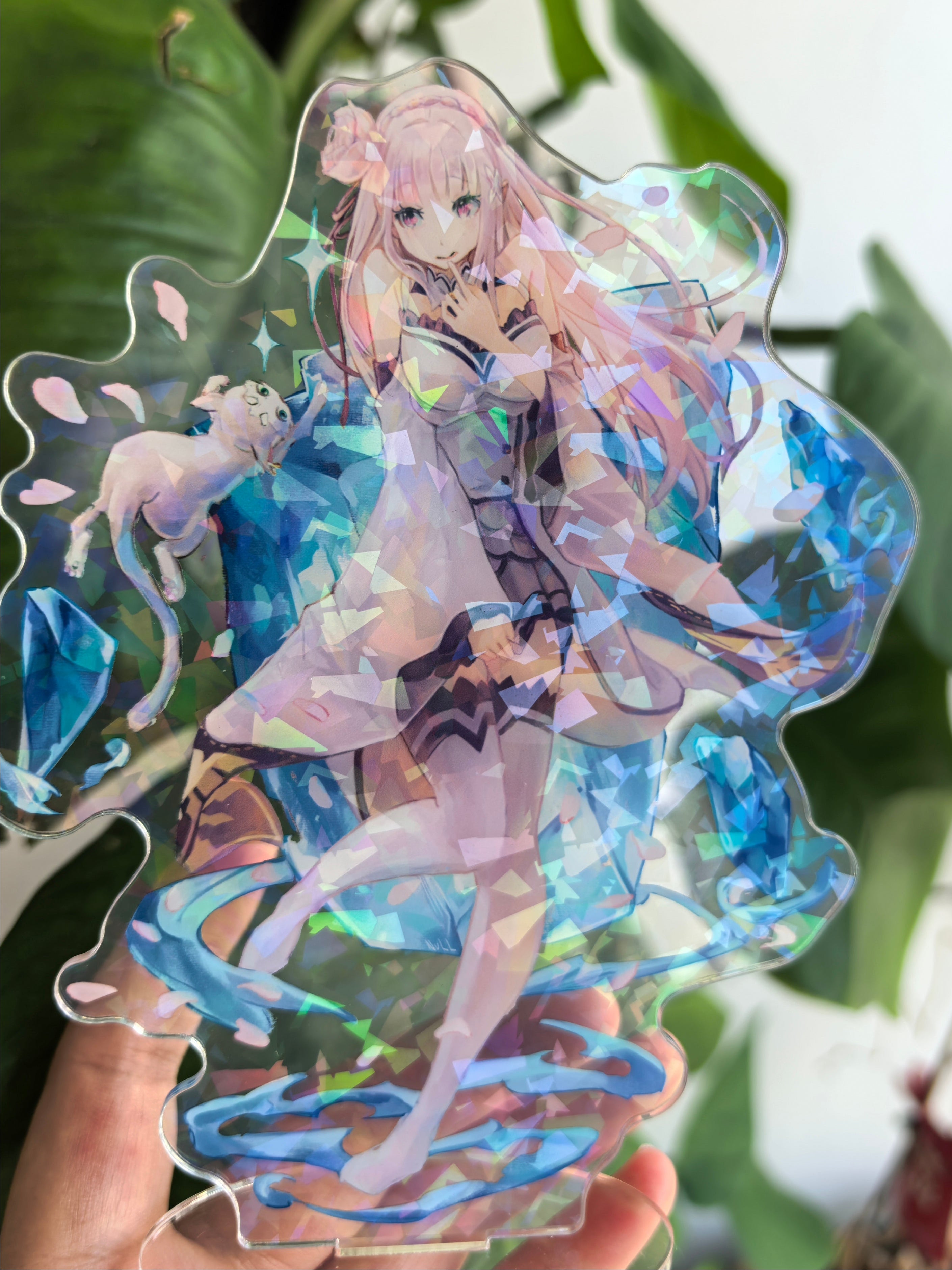 Holographic acrylic standee of an anime character with a blurred background