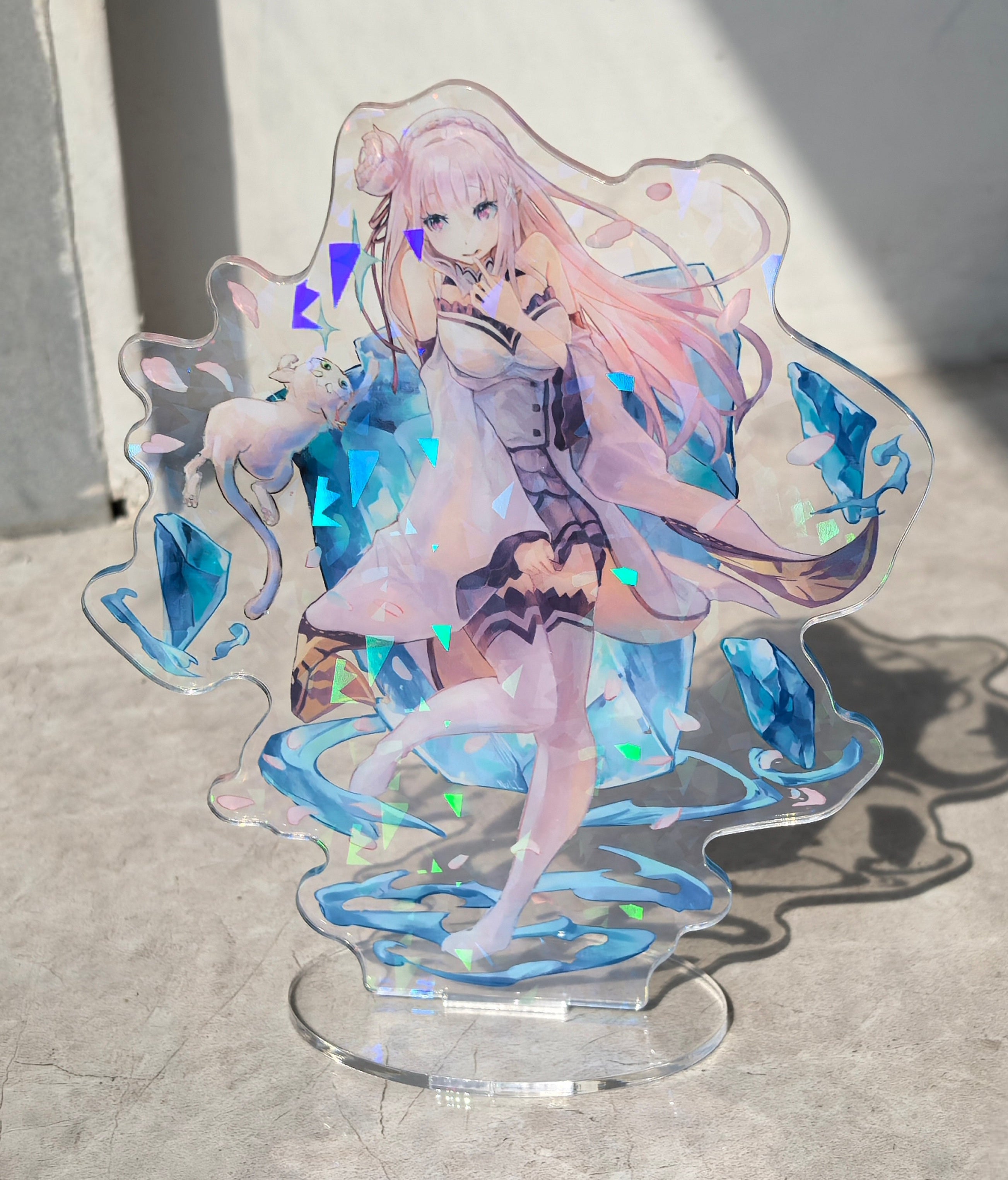 Holographic Emilia character Acrylic Stand on a clear stand